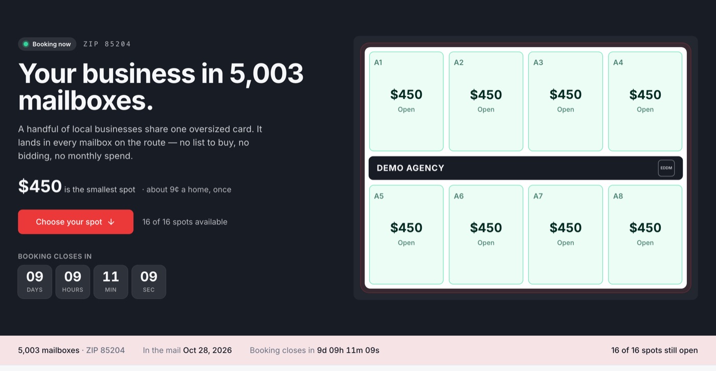 A campaign sales page: 5,003 mailboxes, $450 spots, a booking countdown and the live card