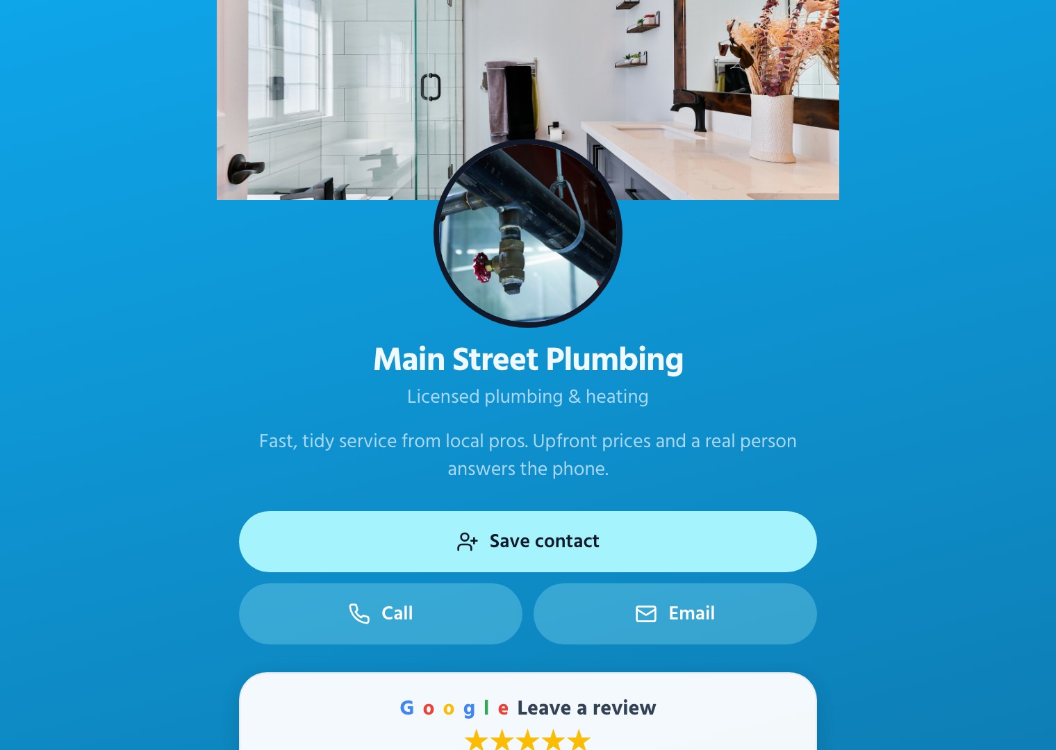 The Main Street Plumbing profile that opens on the phone after a tap: save contact, call, email and a Google review button