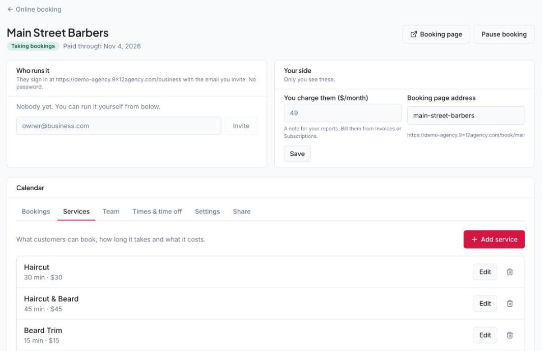The agency's view of a booking business: status, the owner's login, the monthly price the agency charges, and tabs for bookings, services, team, times and sharing