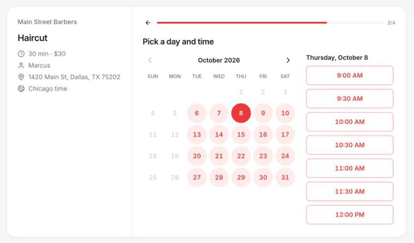 A barbershop's booking page: Haircut, 30 minutes, $30 with Marcus, an October calendar and open times from 9:00 AM