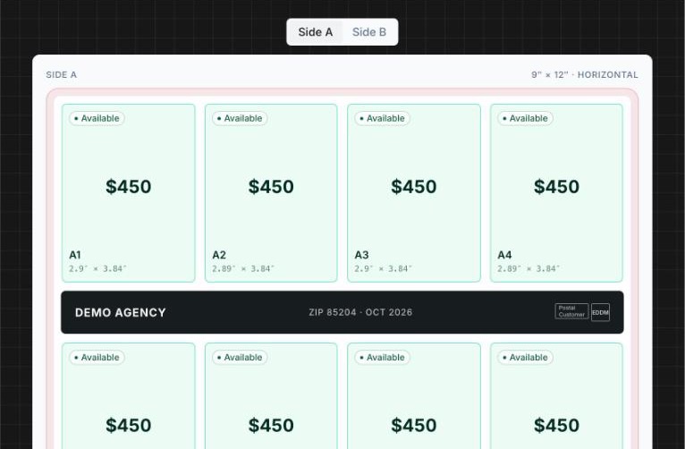 The card planner: format, sides and a 9x12 card with eight priced spots around the mail banner