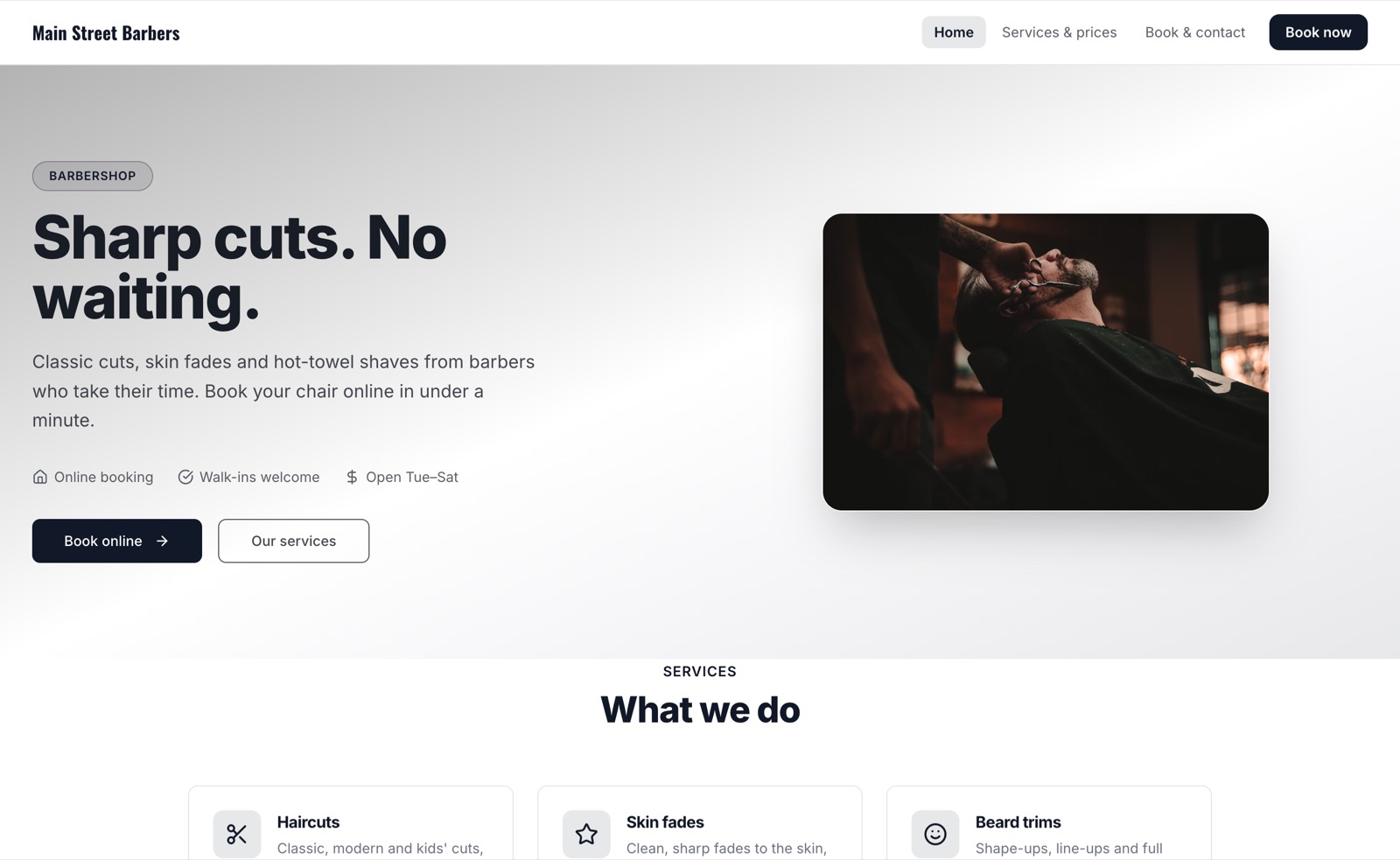 A barbershop's website built from a template: 'Sharp cuts. No waiting.' with Book online and Our services buttons and a photo of a barber at work