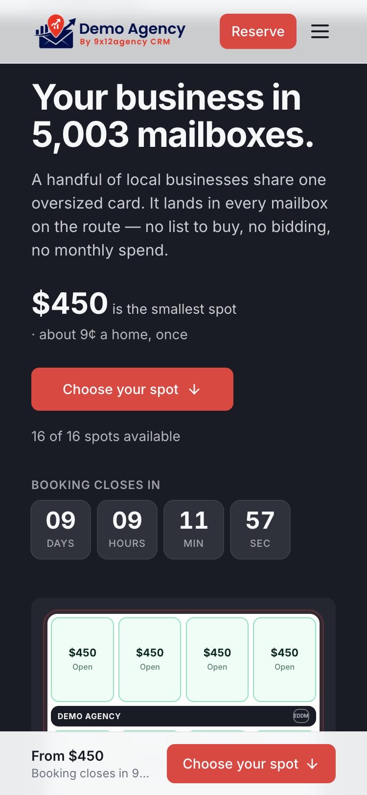 A campaign sales page on a phone: $450 spots, a booking countdown and the live card