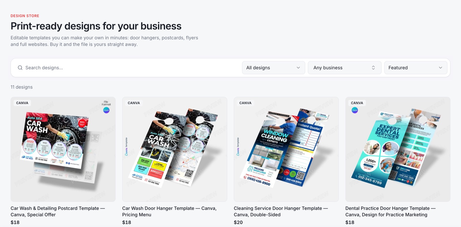 An agency's design store: print-ready designs with search and filters, and car wash, window cleaning and dental door hanger and postcard templates from $18
