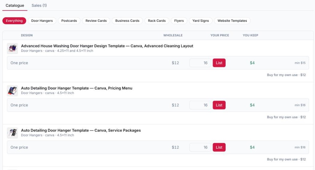 The design store in the CRM: template credit, the catalogue by format, and for each door hanger the wholesale price, your price and what you keep