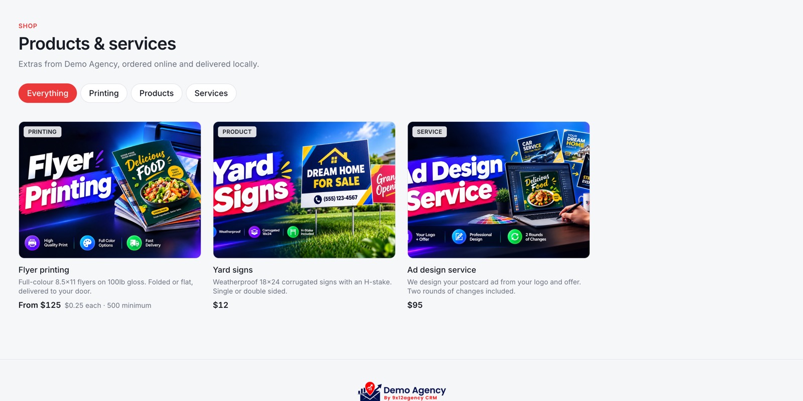 An agency's products and services page: flyer printing from $125, yard signs at $12 and an ad design service at $95