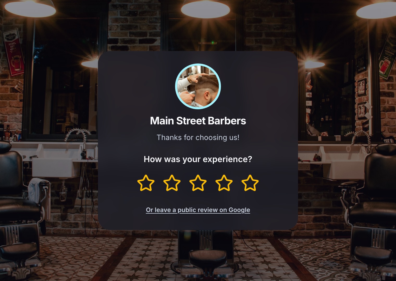 Main Street Barbers' review page: How was your experience? Five stars to tap, and a link to leave a public review on Google