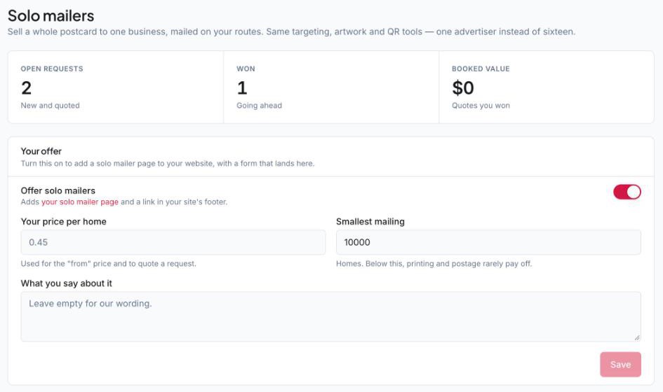 Solo mailers in the CRM: open requests, won quotes, the price per home and the smallest mailing