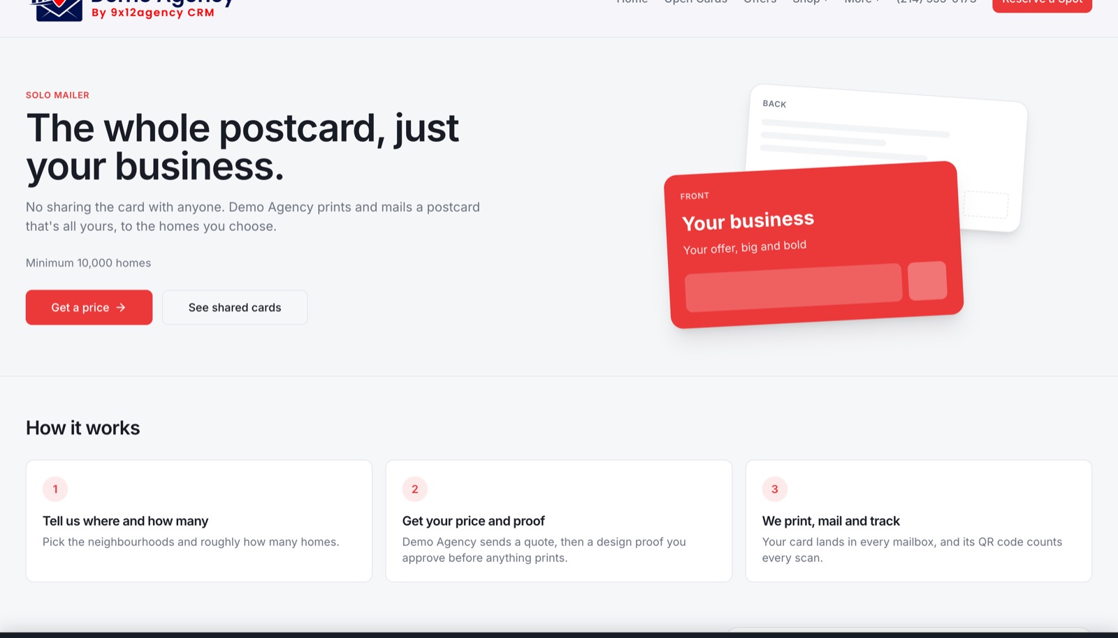 An agency's solo mailer page: 'The whole postcard, just your business', a minimum of 10,000 homes, a Get a price button and how it works in three steps