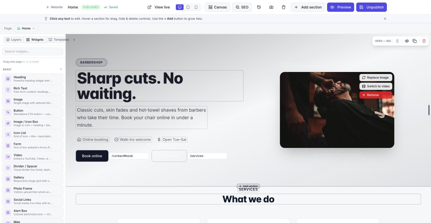 The website editor: a widgets panel on the left and the barbershop's homepage being edited on the right, with replace image and section controls