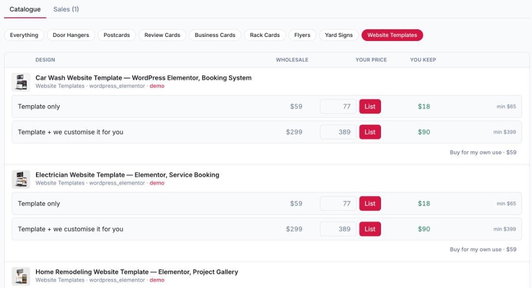 Website templates in the CRM: for each, a template-only price and a customised price, with wholesale and what you keep