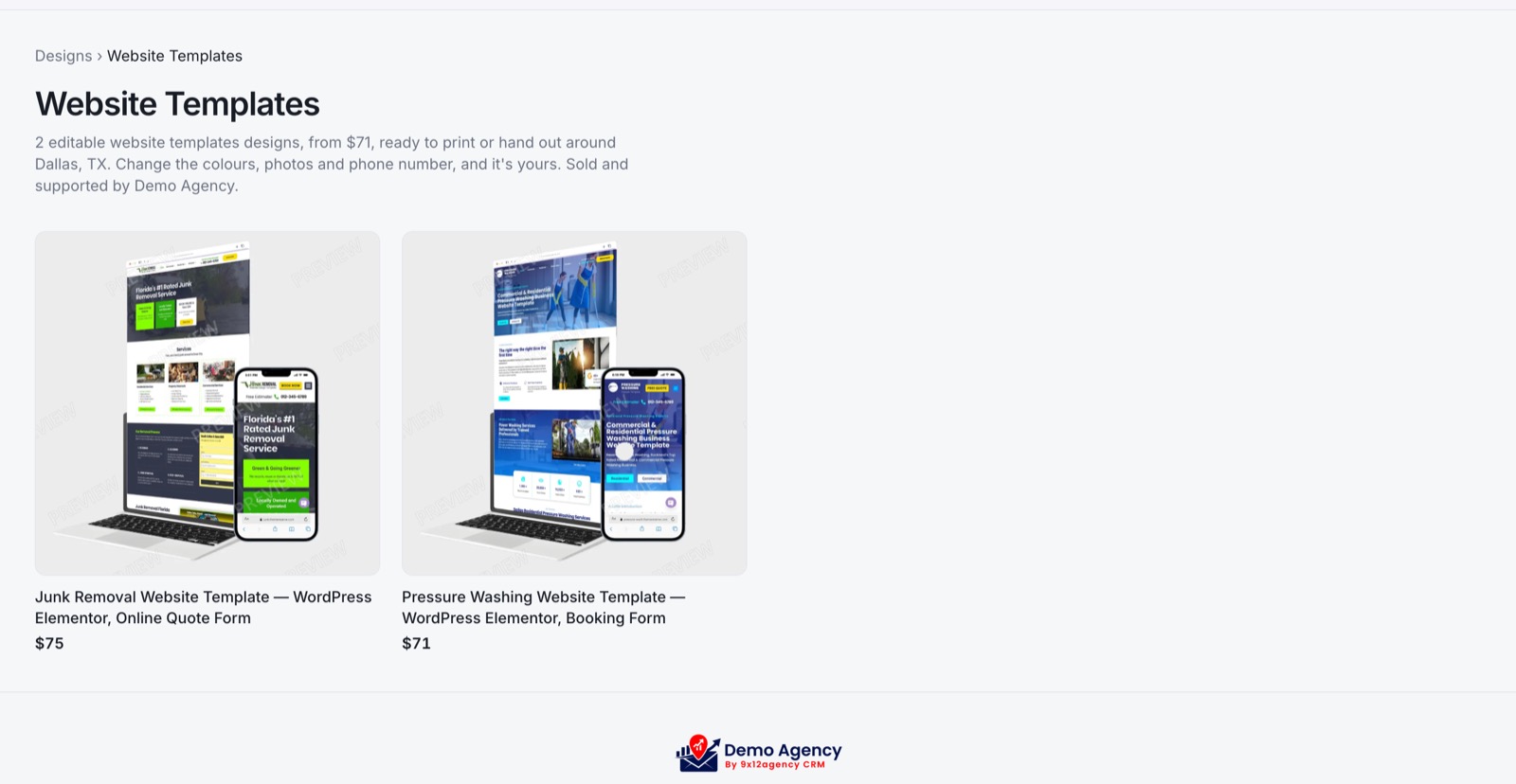 Website templates in an agency's store: a junk removal template with an online quote form and a pressure washing template with a booking form
